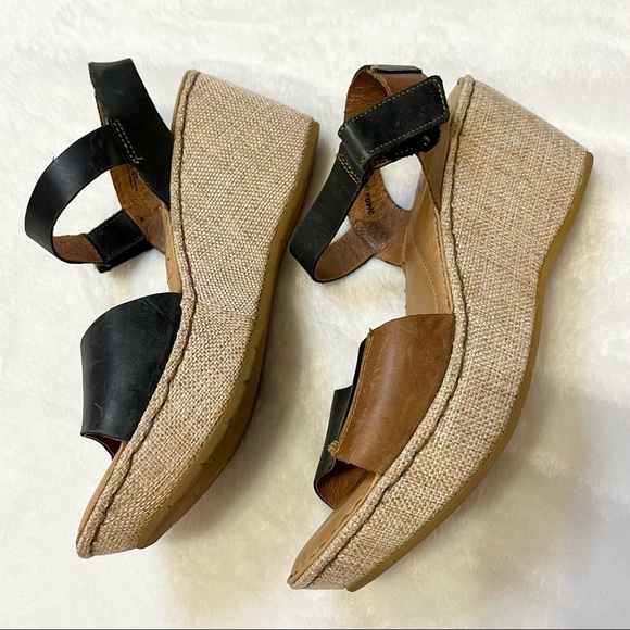 Born Nectar Brown Black Leather Two Tone Open Toe Wedge Sandal Women Size 9 - Picture 7 of 13